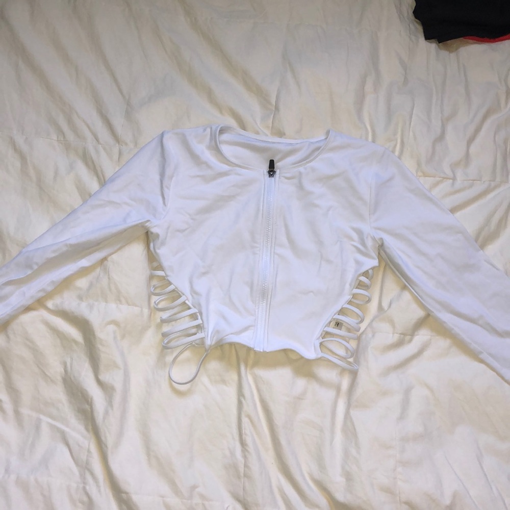 White long sleeve zip up bikini top